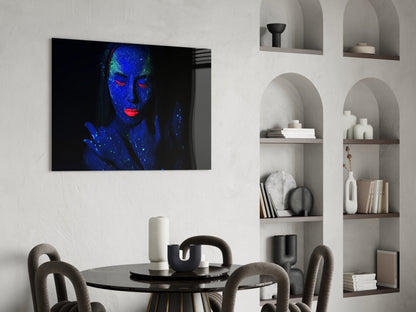 Blue UV Red Lips Woman Glass Wall Art