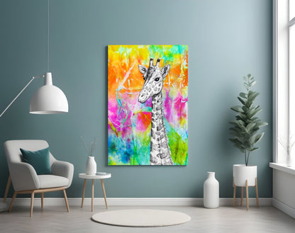 Sketch Giraffe Rainbow Watercolor Glass Wall Art