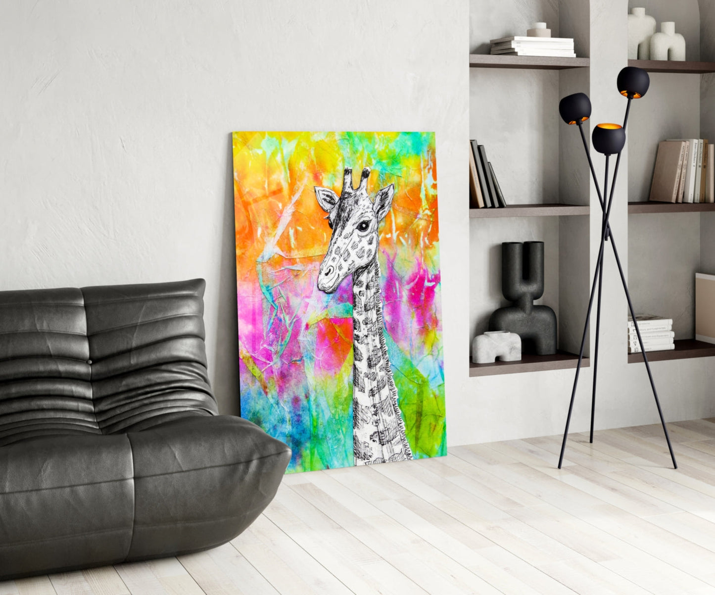 Sketch Giraffe Rainbow Watercolor Glass Wall Art
