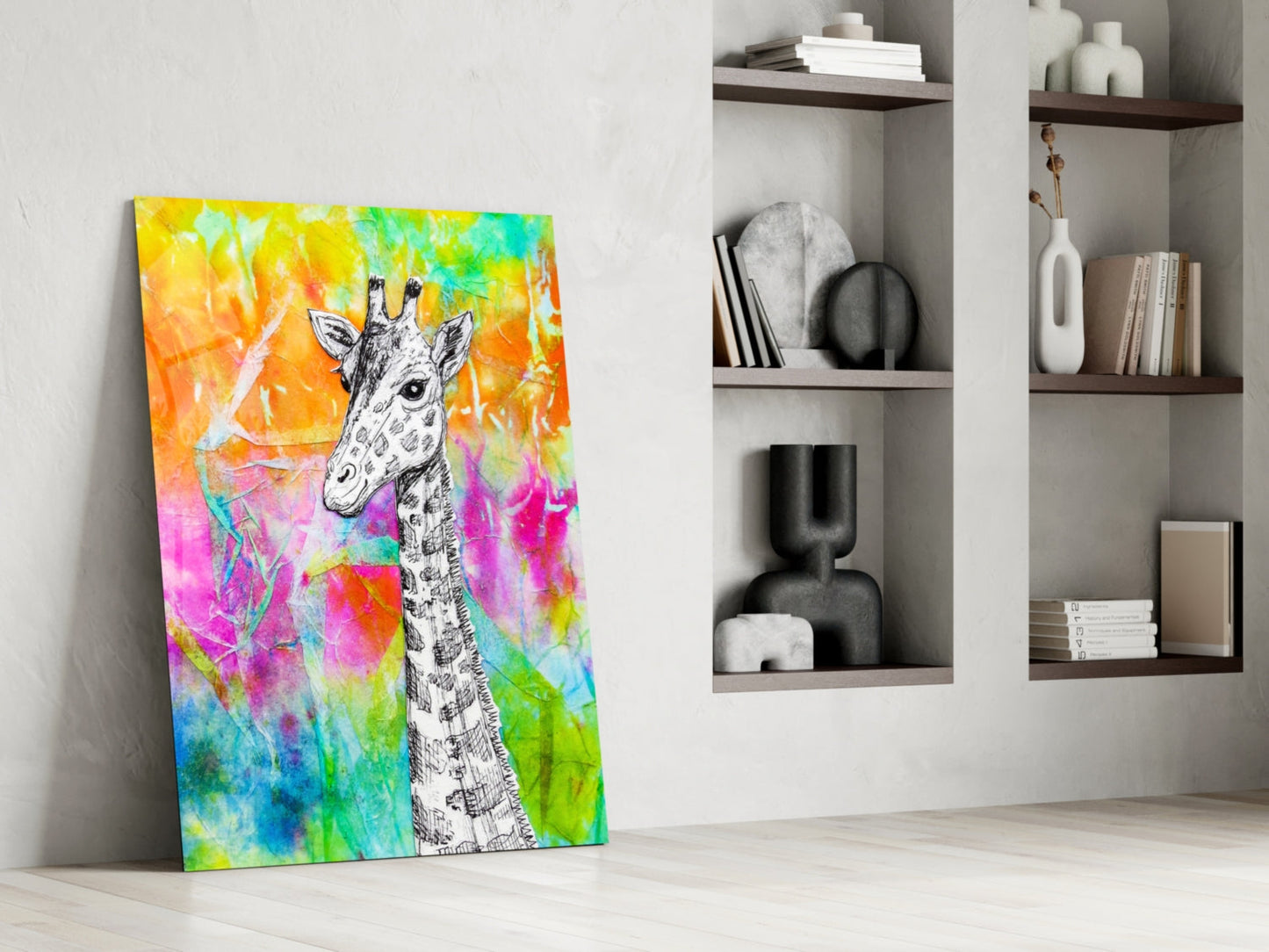 Sketch Giraffe Rainbow Watercolor Glass Wall Art