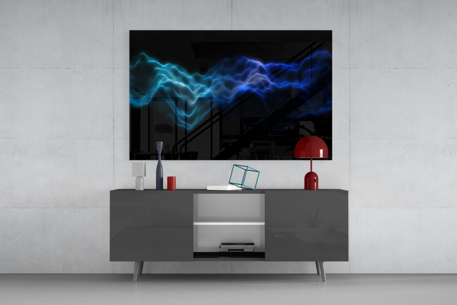 Modern living room setup with glowing cyan and blue wave-pattern glass wall art displayed above gray media console with red accents.