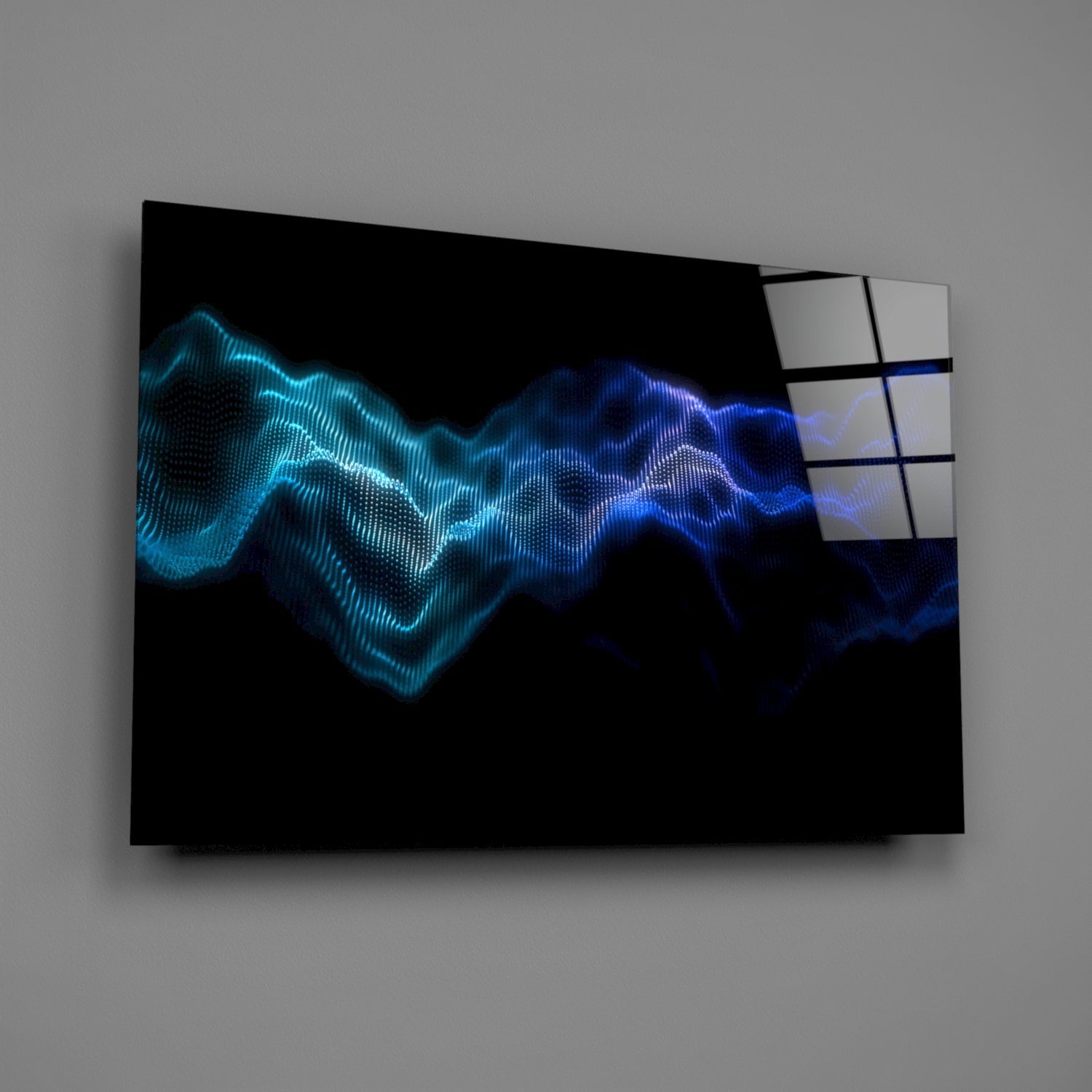 Glass wall art panel displaying glowing cyan and blue wave patterns against black background, mounted at angle showing depth and dimension.