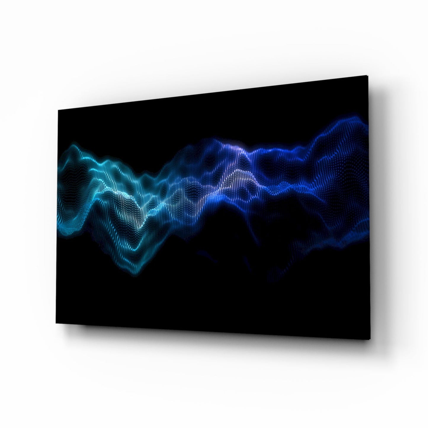 Angled perspective view of glass wall art displaying glowing cyan and blue wave patterns against black background.