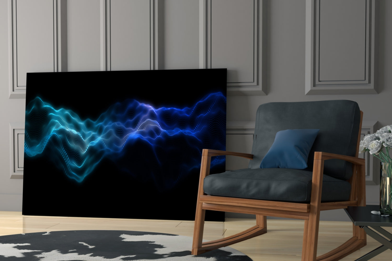 Rhythmic Fog Glass Wall Art displaying glowing cyan and blue wavy lines on black background, displayed in modern living room with wooden chair.