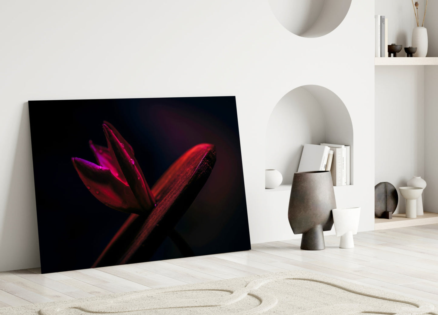 Crimson Flower Bud Dark Macro Glass Wall Art