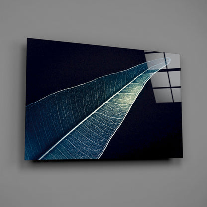 Silver Blue Leaf on Dark Navy Glass Wall Art