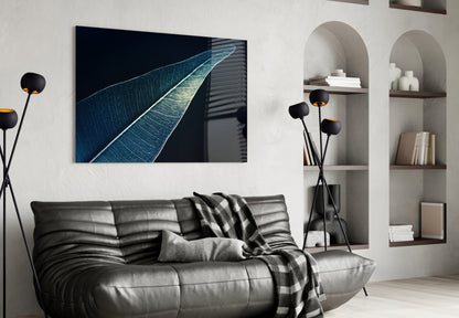 Silver Blue Leaf on Dark Navy Glass Wall Art