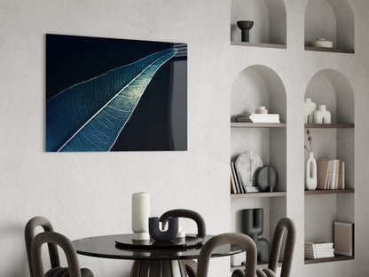 Silver Blue Leaf on Dark Navy Glass Wall Art