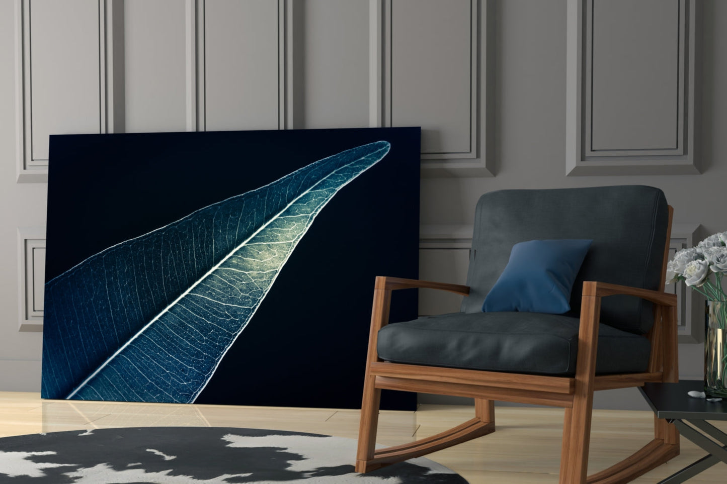 Silver Blue Leaf on Dark Navy Glass Wall Art