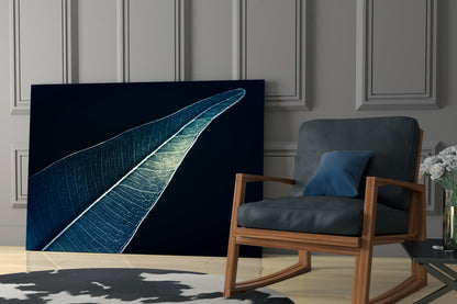 Silver Blue Leaf on Dark Navy Glass Wall Art