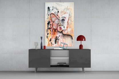 Peach Butterfly Collage Woman Glass Wall Art
