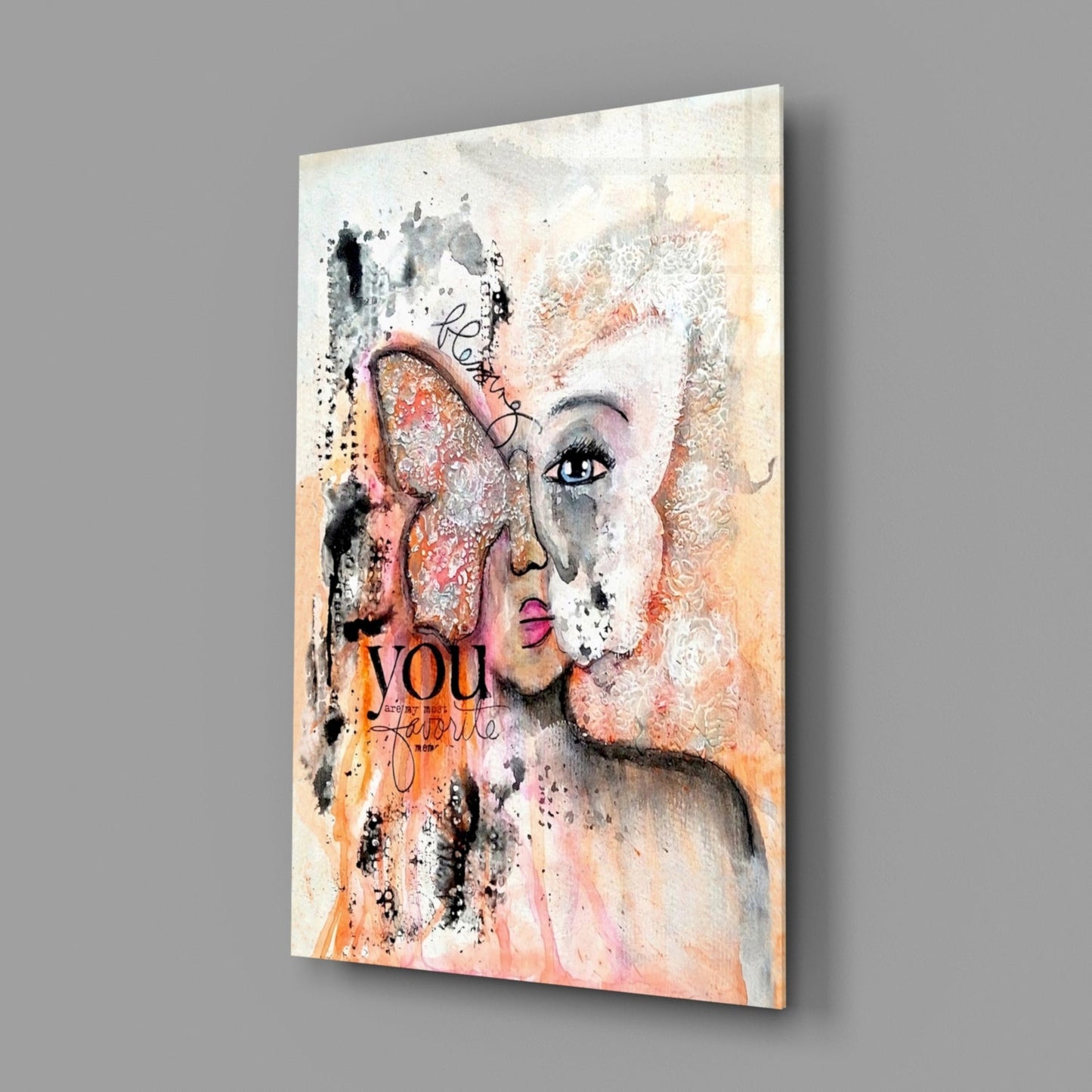 Peach Butterfly Collage Woman Glass Wall Art