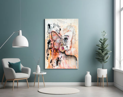 Peach Butterfly Collage Woman Glass Wall Art