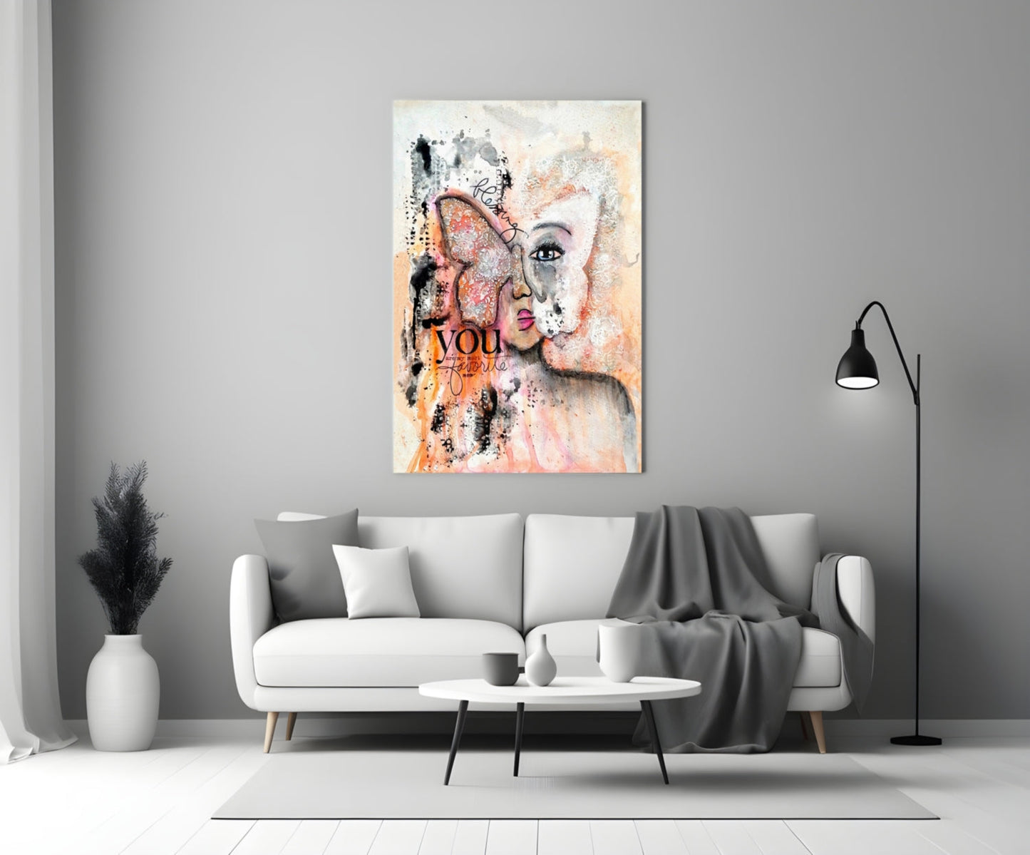 Peach Butterfly Collage Woman Glass Wall Art
