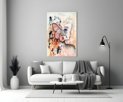 Peach Butterfly Collage Woman Glass Wall Art