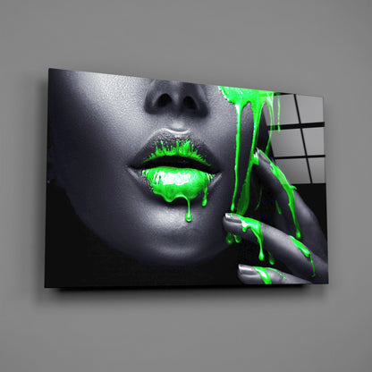 Green Paint Drip Lips Glass Wall Art
