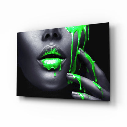 Green Paint Drip Lips Glass Wall Art