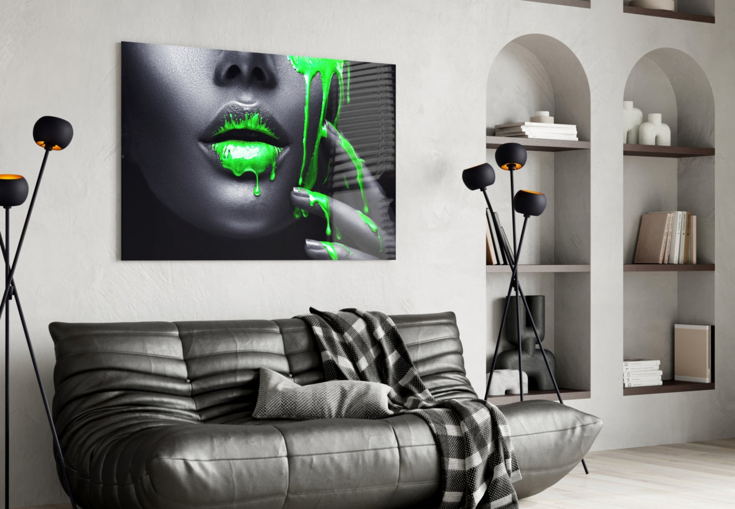 Green Paint Drip Lips Glass Wall Art