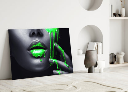 Green Paint Drip Lips Glass Wall Art