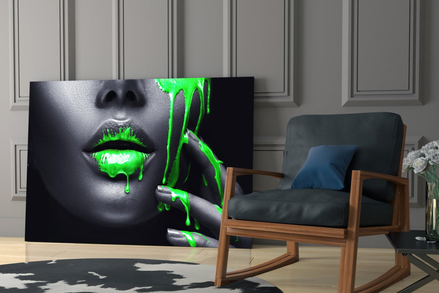 Green Paint Drip Lips Glass Wall Art