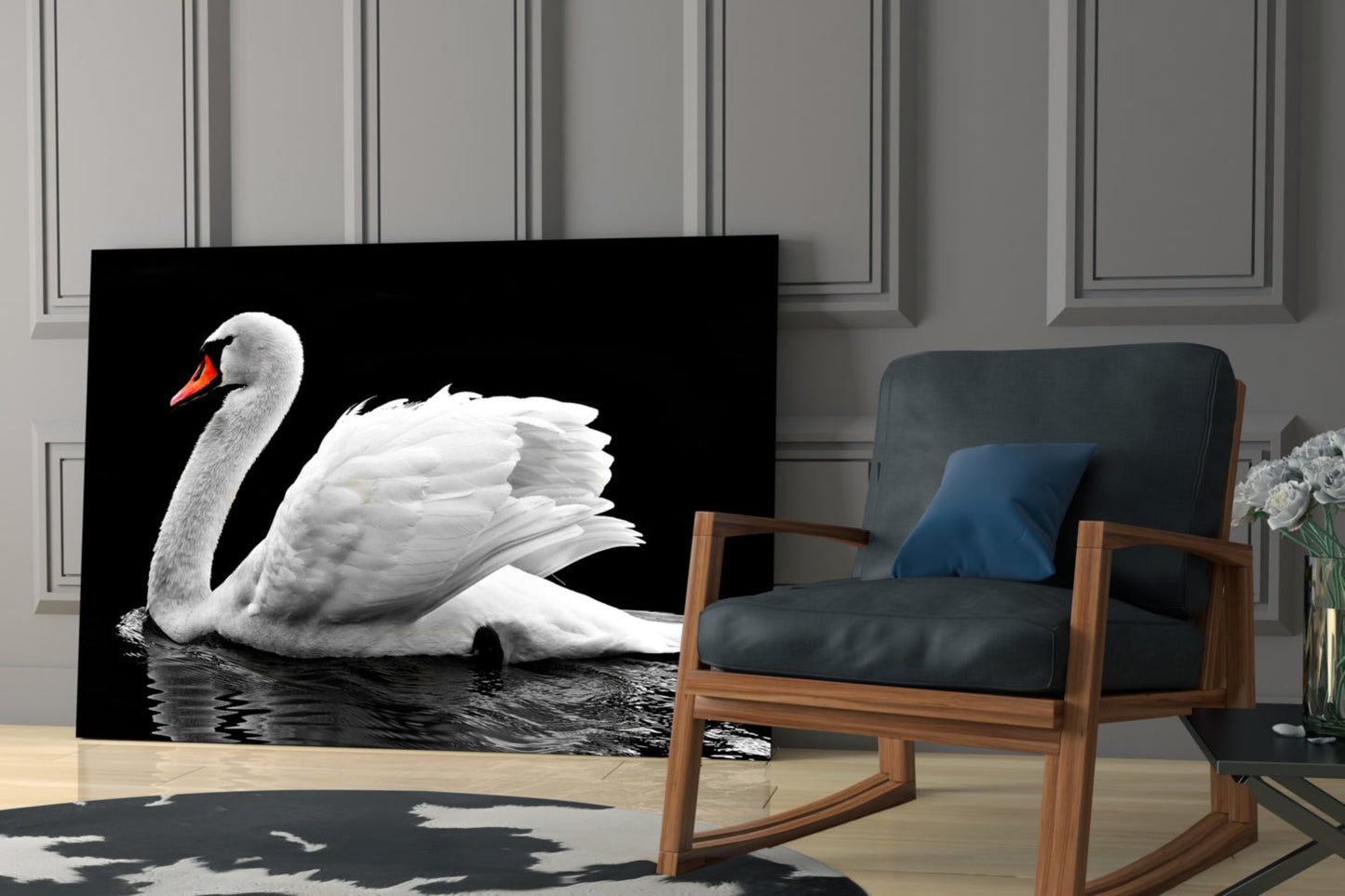 White Swan Black Water Reflection Glass Wall Art