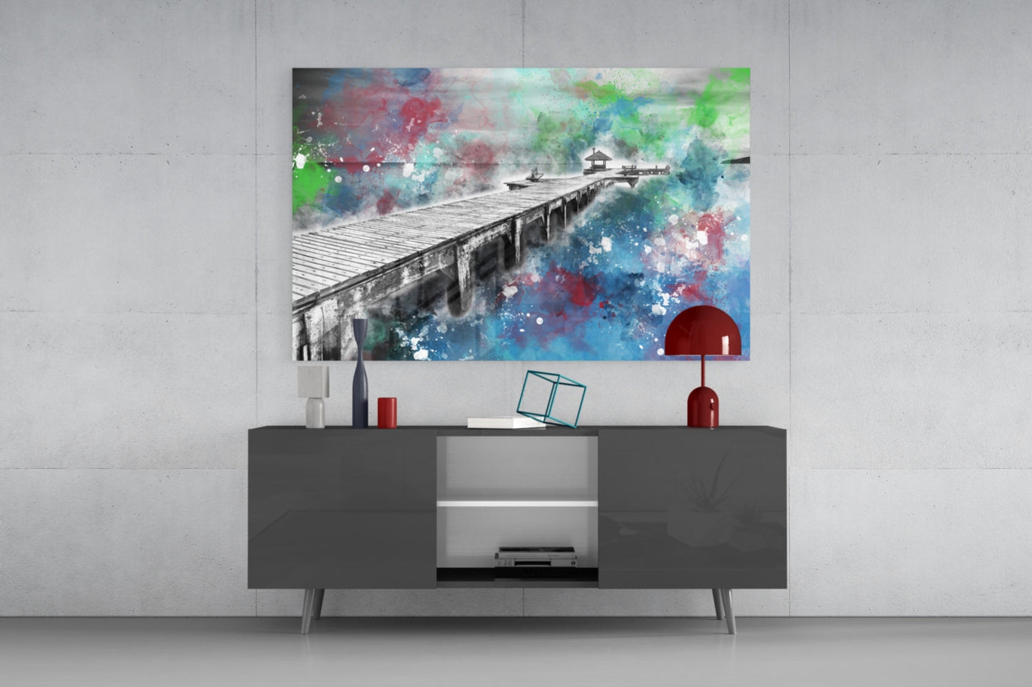 Splattered Paint Pier Green Blue Glass Wall Art