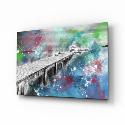 Splattered Paint Pier Green Blue Glass Wall Art
