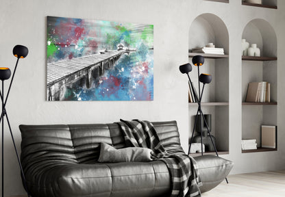 Splattered Paint Pier Green Blue Glass Wall Art