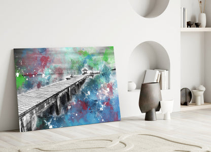 Splattered Paint Pier Green Blue Glass Wall Art