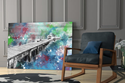 Splattered Paint Pier Green Blue Glass Wall Art