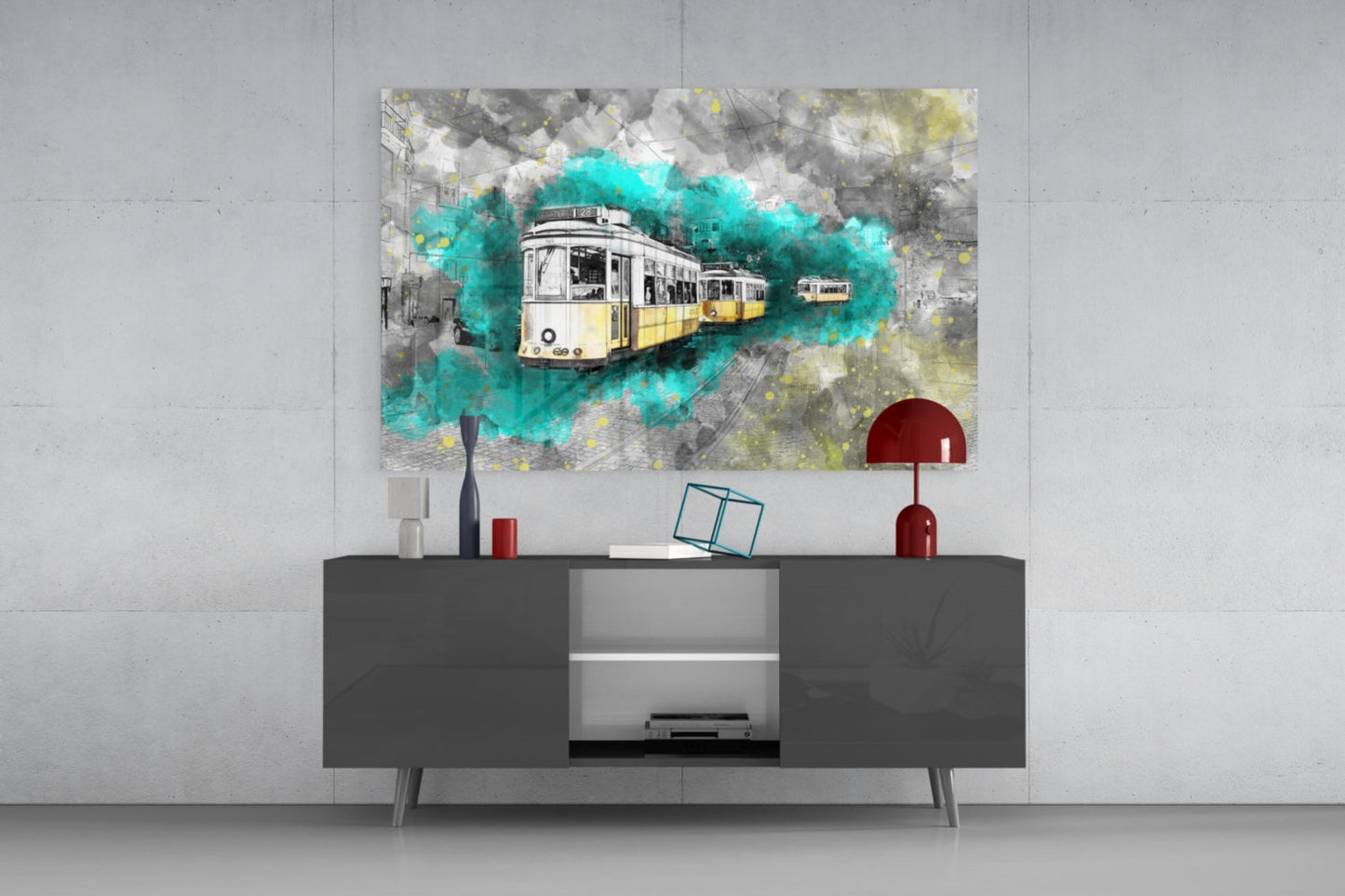 Modern living room interior with gray media console displaying glass wall art of a yellow and white tram with turquoise watercolor effects.