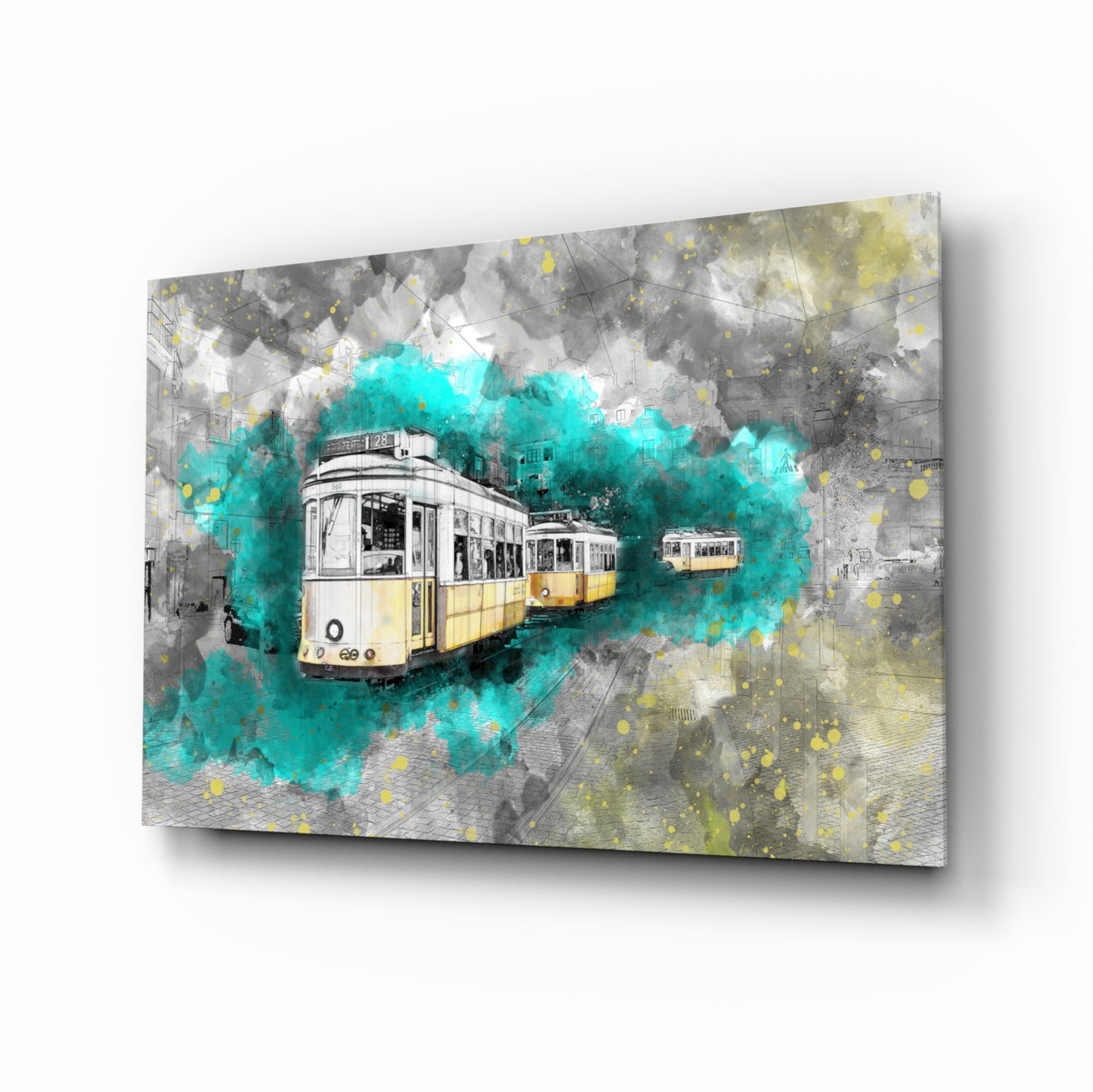 Glass wall art panel displaying yellow and white vintage trams with turquoise watercolor splashes on gray cityscape background, angled perspective view.