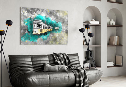 Modern living room with black leather sofa displaying turquoise and yellow tram illustration on wall above.