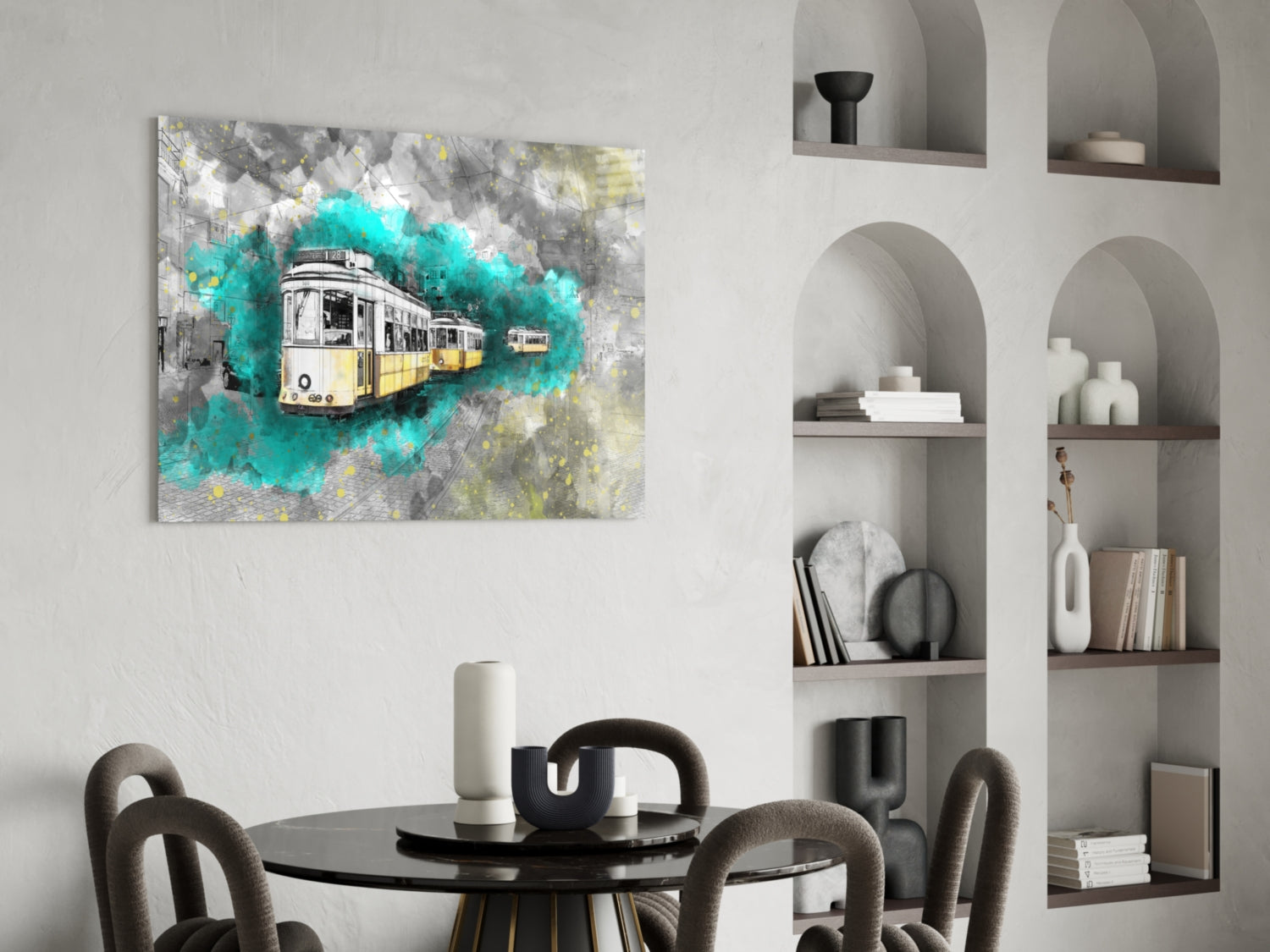 Yellow and white tram surrounded by turquoise watercolor splash mounted on white wall above black dining table.