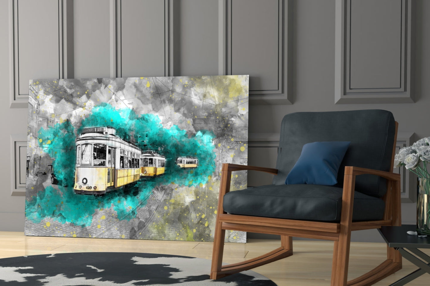 Glass wall art depicting yellow trams with turquoise and gray watercolor splashes displayed in modern living room next to wooden chair.