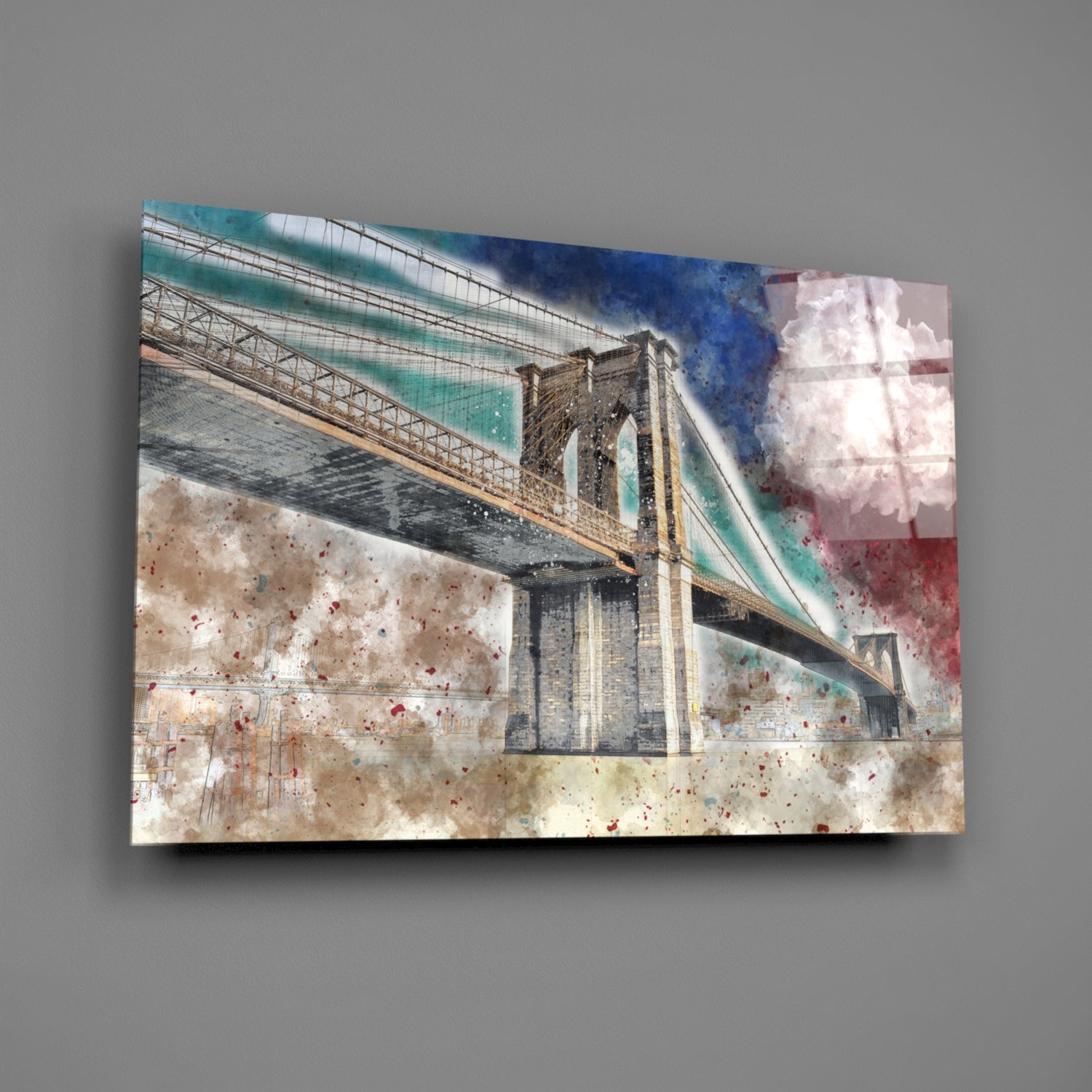 Glass wall art featuring Brooklyn Bridge with turquoise sky, watercolor splashes, and distressed beige tones, displayed against gray wall.