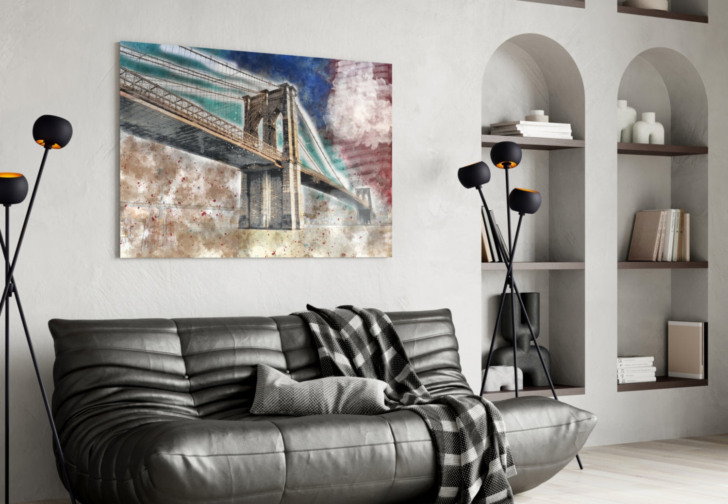 Bridge glass wall art featuring Brooklyn Bridge with teal and burgundy sky tones displayed above black leather sofa in modern living room.