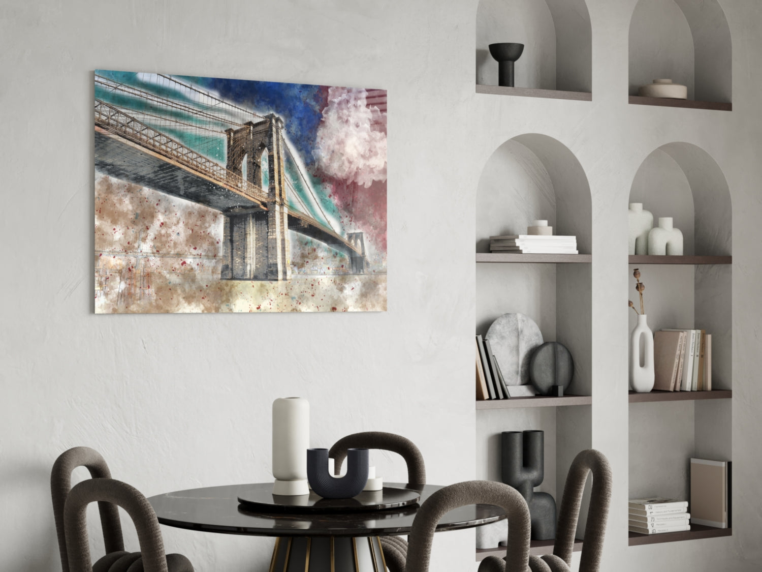 Bridge glass wall art with turquoise and burgundy watercolor effects displayed above black dining table.