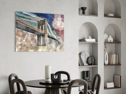 Bridge glass wall art with turquoise and burgundy watercolor effects displayed above black dining table.