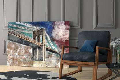 Glass wall art featuring Brooklyn Bridge with watercolor splashes in turquoise, burgundy, and cream tones, displayed in modern living room setting.