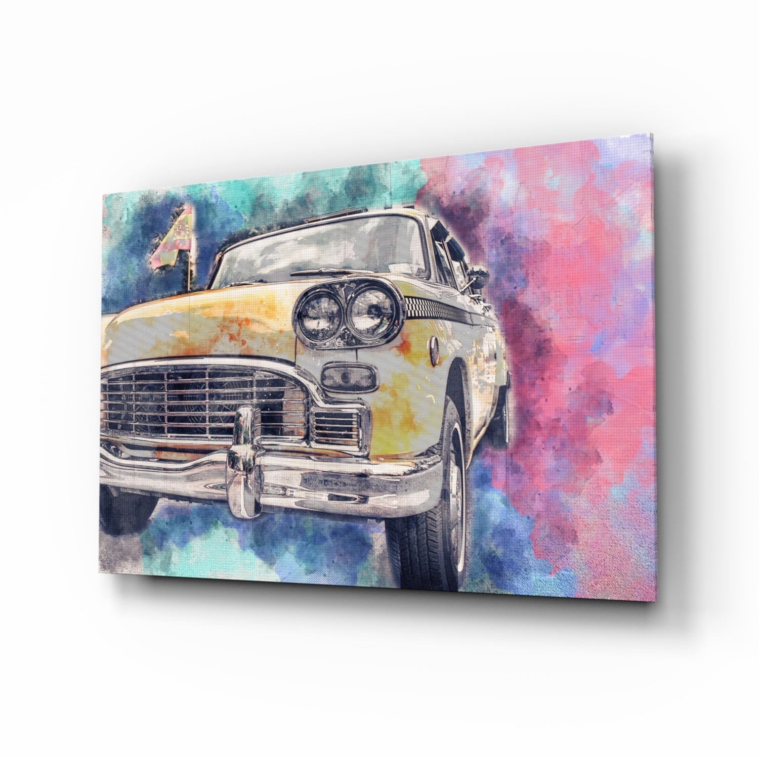 Angled view of a glass wall art panel featuring a vintage yellow taxi cab against a watercolor background in pink, blue, and teal tones.