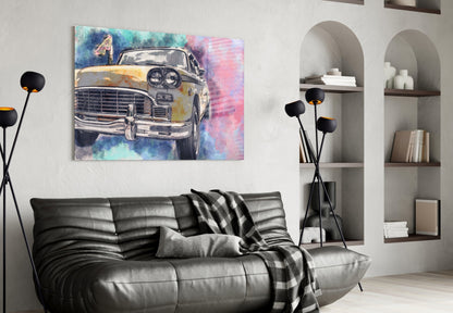 Colorful watercolor taxi illustration with blue, pink, and yellow tones displayed on wall above black leather sofa in modern living room.
