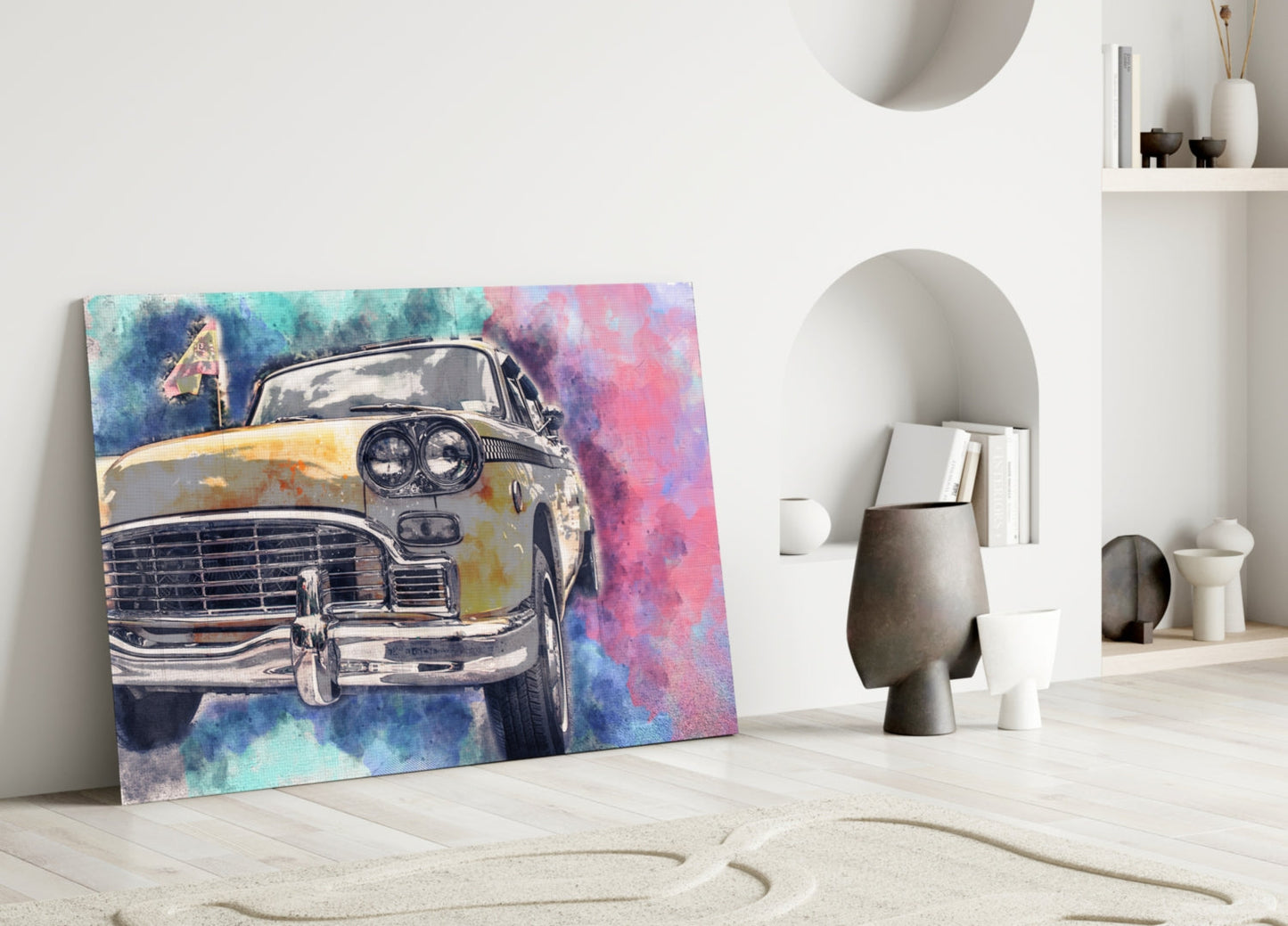 Colorful glass wall art of a vintage yellow taxi displayed on white floor against minimalist interior with shelves and decorative objects.