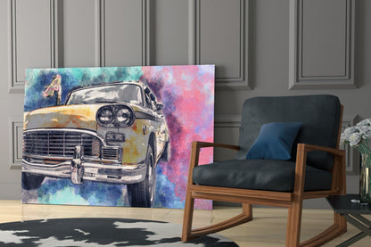 Glass wall art featuring a watercolor vintage taxi cab with dual headlights against blue and pink abstract background, displayed in modern interior setting.