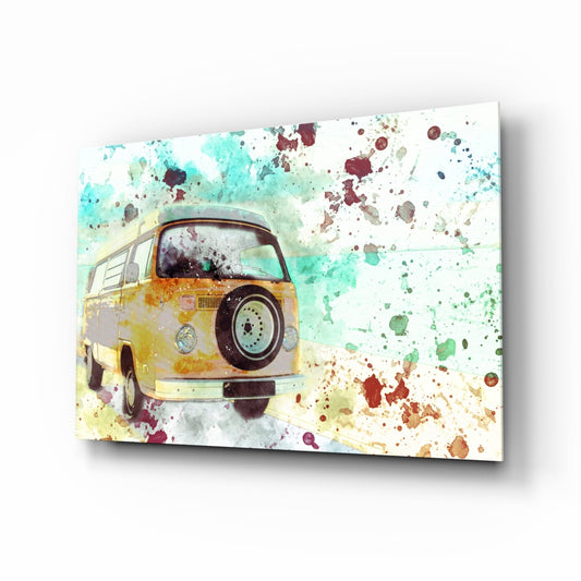 Yellow and cream vintage VW bus with watercolor splashes in turquoise, burgundy, and orange on glass wall art panel.