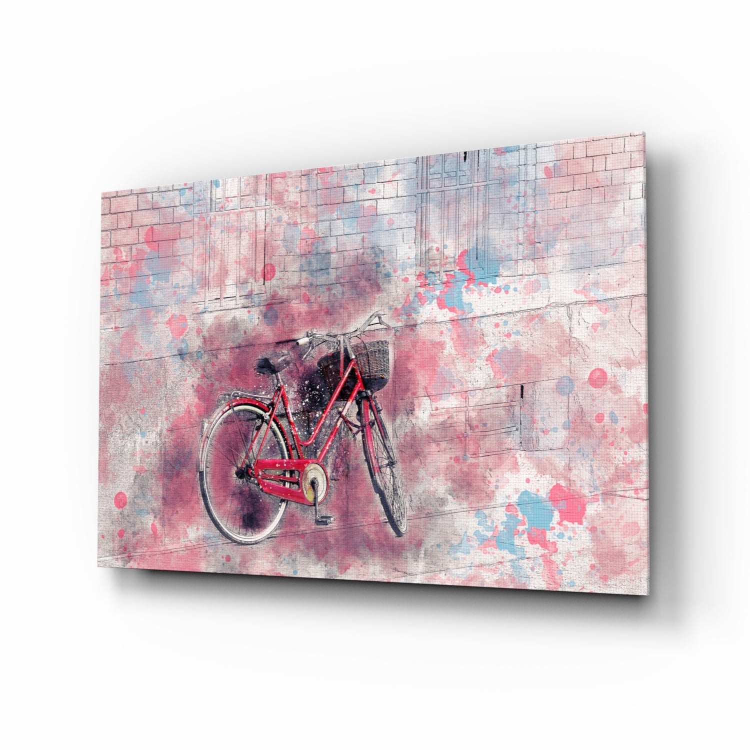 Red bicycle with basket against pink brick wall with watercolor splashes on angled glass art panel.