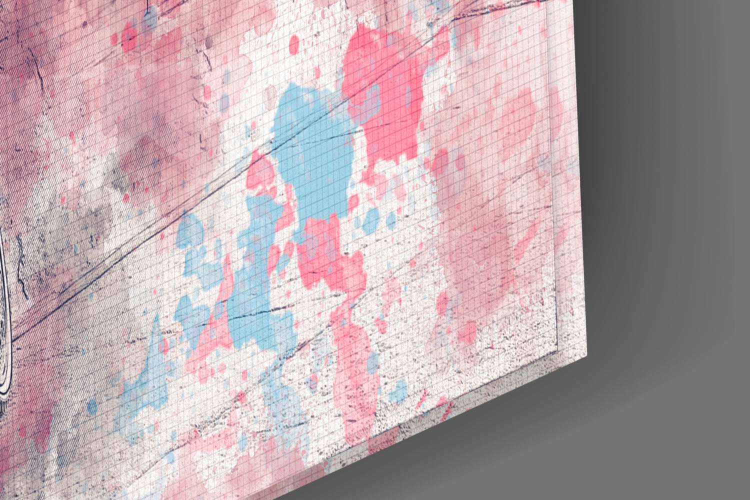 Angled close-up of textured glass wall art with red and blue pixelated pattern on weathered white surface.