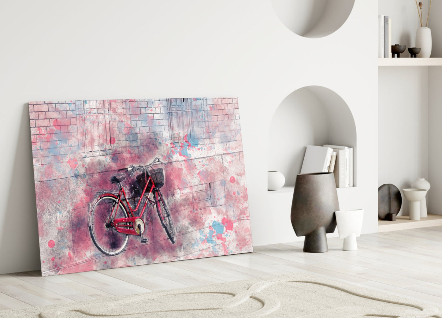 Red bicycle on pink and blue watercolor brick pattern glass panel leaning against white wall.