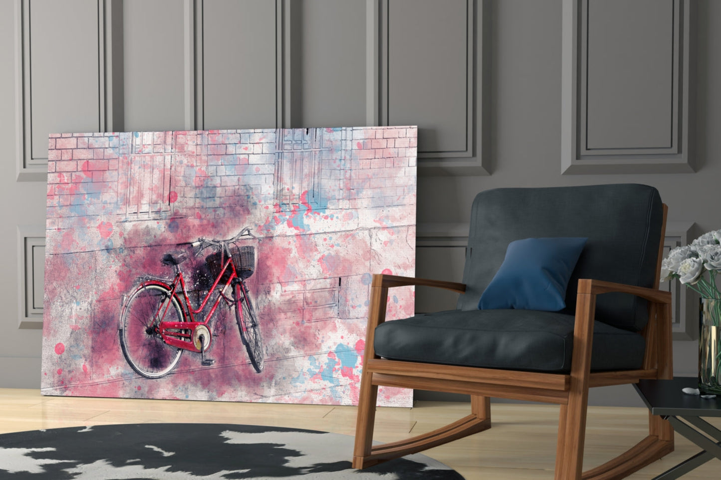 Glass wall art featuring a red bicycle against a pink and blue watercolor brick background, displayed in a modern living room next to a wooden chair.