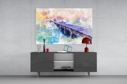 Pastel Watercolor Wooden Pier Glass Wall Art